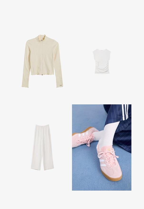 Veste zippée crème, à côtes, avec un col et un ourlet froncés. Présente des manches longues et une coupe ajustée. La quincaillerie comprend une fermeture éclair.; Haut blanc à manches courtes avec un col rond. Doté d'une texture froncée sur les côtés et d'une silhouette ajustée, fabriqué à partir d'un matériau doux et extensible.; Pantalons larges blancs en tissu léger. Dotés d'une taille élastique avec cordon de serrage et de poches latérales. Texture lisse.; Des sneakers en daim rose clair avec des rayures et des lacets blancs, dotés d'une languette texturée et d'une semelle en gomme, posées sur un tapis bleu.