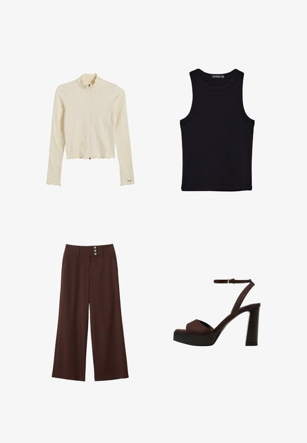 Krämfärgad, ribbad zip-up-jacka med en volangkrage och volang i nederkant. Har långa ärmar och en figurnära design. Har en dragkedja som stängning.; Svart linne i bomull, med rund halsringning och breda armhål. Slät yta med sydda fållar. Klassisk, minimalistisk design.; Bruna vida byxor i slät tyg, med två sidofickor och en midja med tre dekorativa knappar.; Bruna mocka högklackade sandaler med öppen tå, justerbar vristrem och en randig plattformssula.