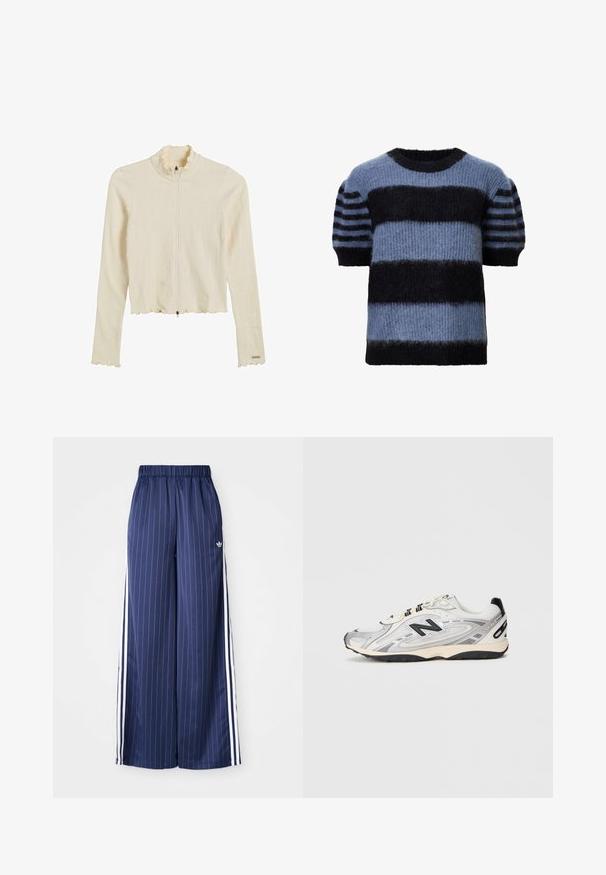 Crèmekleurige, geribde zip-up jas met een gefronde kraag en zoom. Heeft lange mouwen en een getailleerd ontwerp. Behuizing omvat een rits sluiting.; Korte mouwtrui in gemengde blauwtinten en zwart, met dikke horizontale strepen en een zachte, fuzzy textuur. Ronde halslijn, ontspannen pasvorm.; Navyblauwe wijde broek met verticale witte strepen, elastische tailleband en drie witte strepen aan elke kant, gemaakt van een lichtgewicht materiaal.; Grijze en witte sportschoen met een ronde neus, gemaakt van mesh en synthetische materialen, zwarte accenten en een gestructureerde rubberen zool.