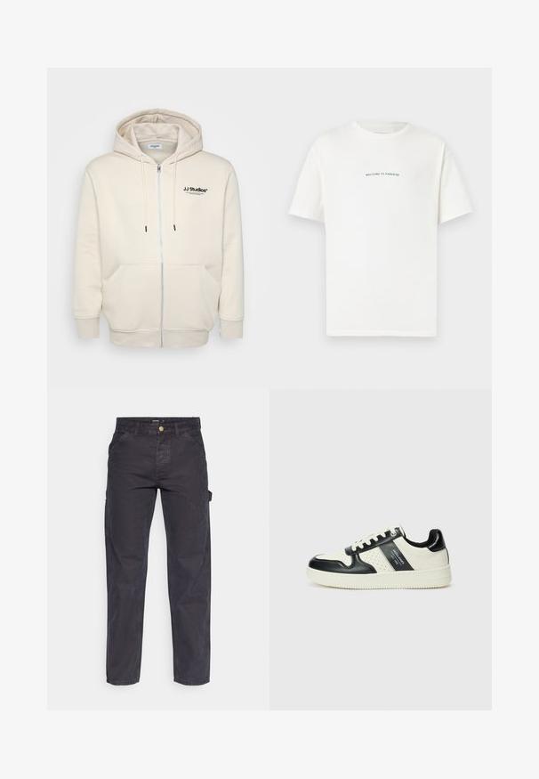 Creme zip-hoodie med snore, forlommer, ribbede manchetter og "JJ Studios" logo på brystet i sort. Blødt stof tekstur.; Hvid bomulds t-shirt med korte ærmer og rund hals. Centreret tekst med teksten "VELKOMMEN TIL PARADIS" i en buet grøn skrifttype.; Mørkegrå cargo-bukser lavet af slidstærkt stof, med lige ben, fem lommer og en knaplukning i taljen.; Lædersneakers i sort og creme farveskema, med perforerede detaljer, en polstret krave og en struktureret ydersål.