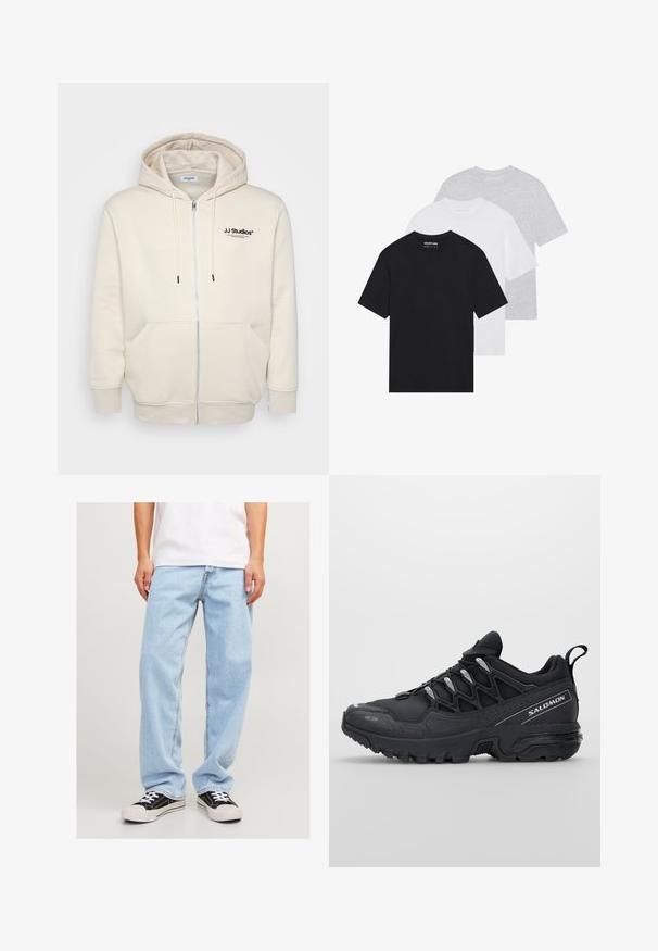 Cream zip-up hoodie with drawstrings, front pockets, ribbed cuffs, and "JJ Studios" logo on the chest in black. Soft fabric texture.; Set of three basic t-shirts in black, white, and light grey. Short sleeves, round neck, made from smooth cotton fabric. Brand logo visible.; Light blue denim jeans with a relaxed fit, featuring a straight leg design and standard stitching, paired with black sneakers.; Black athletic shoes with a mesh upper, rubber outsole, and reflective accents. Features a cushioned sole and lace-up closure design.