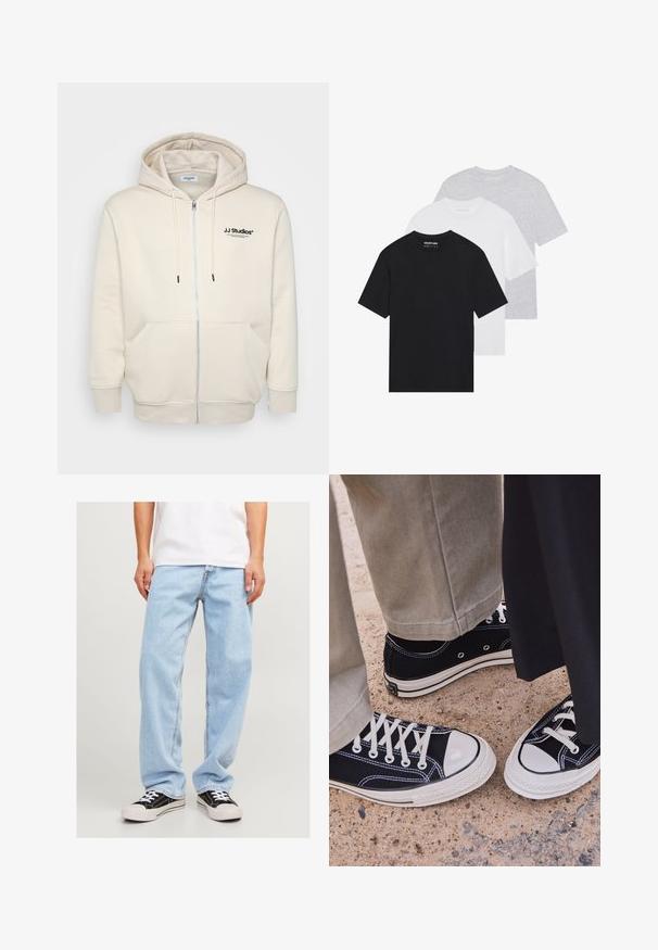 Cremefarbene Zip-Hoodie mit Zugbändern, Fronttaschen, gerippten Bündchen und schwarzem "JJ Studios"-Logo auf der Brust. Weicher Stoff. ; Set von drei basic T-Shirts in Schwarz, Weiß und Hellgrau. Kurze Ärmel, Rundhalsausschnitt, aus glattem Baumwollstoff. Markenlogo sichtbar.; Hellblaue Jeans aus Denim mit lockerer Passform, gerade Beinform und Standardnähte, kombiniert mit schwarzen Sneakers.; Schwarze Segeltuch-Sneaker mit weißen Gummi-Zehenkappen und Schnürsenkeln. Kontrastnähte und Metallösen geben dem Schuh Detail. Getragen mit beigen Hosen und einem schwarzen Stoff.