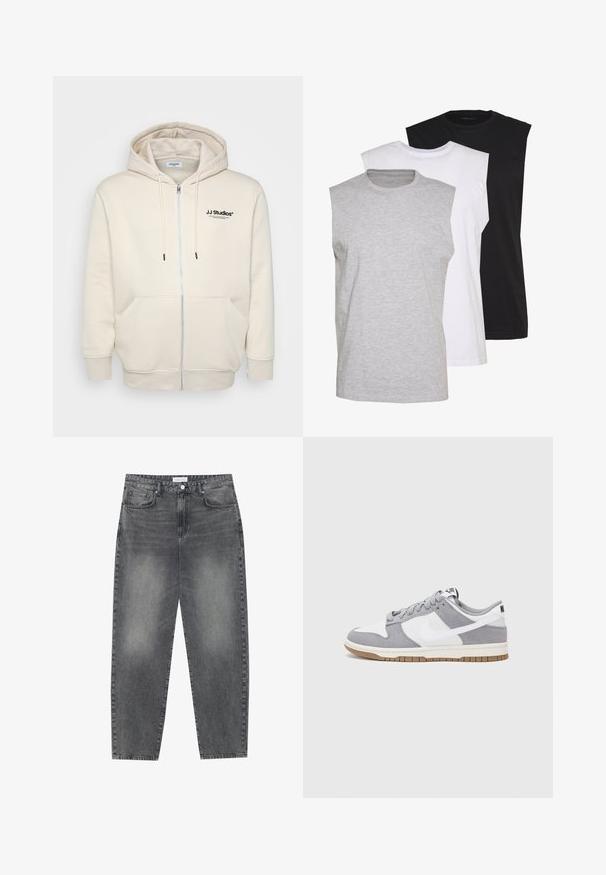 Creme zip-hoodie med snore, forlommer, ribbede manchetter og "JJ Studios" logo på brystet i sort. Blødt stof tekstur.; Tre ærmeløse t-shirts i grå, hvid og sort. Blødt bomuldsmateriale med rund hals og afslappet pasform. Enkel design, ingen mønstre.; Høj talje, løstsiddende jeans i falmet sort denim. Har fem lommer, bæltestropper og et rent, lige ben design.; Grå og hvid sneaker med en overdel i ruskind og læder, rund tå, flade snørebånd og en gummisål med en gummifarvet detalje.