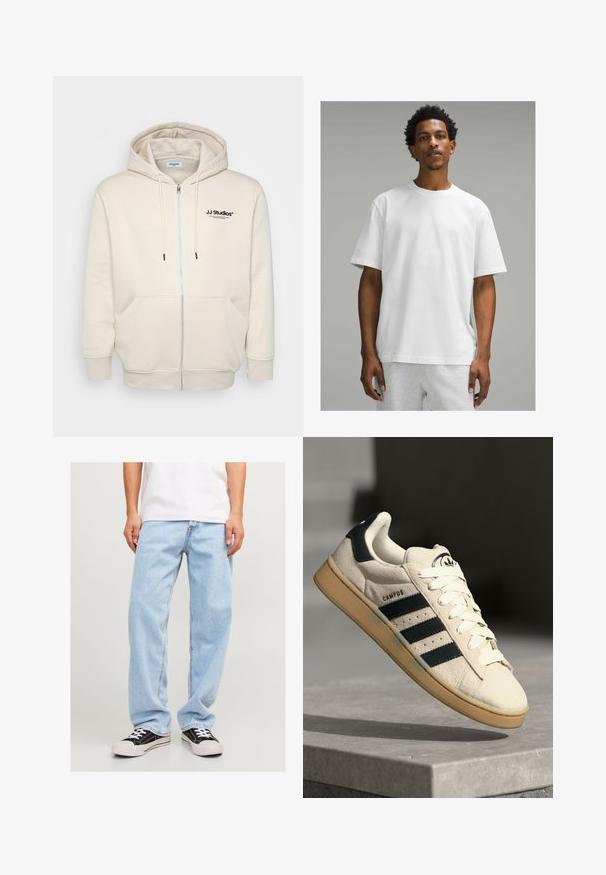 Hoodie zippé crème avec cordons de serrage, poches avant, poignets côtelés et logo "JJ Studios" sur la poitrine en noir. Texture de tissu douce.; T-shirt en coton blanc à manches courtes, col rond, coupe décontractée. Texture lisse, design uni, sans motifs ni accents visibles.; Jean en denim bleu clair avec une coupe décontractée, affichant un design à jambe droite et des coutures standard, associé à des baskets noires.; Baskets en daim beige avec trois rayures bleu foncé, lacets blancs et semelle en caoutchouc beige. Présente un logo sur la languette et le texte "CAMPUS".