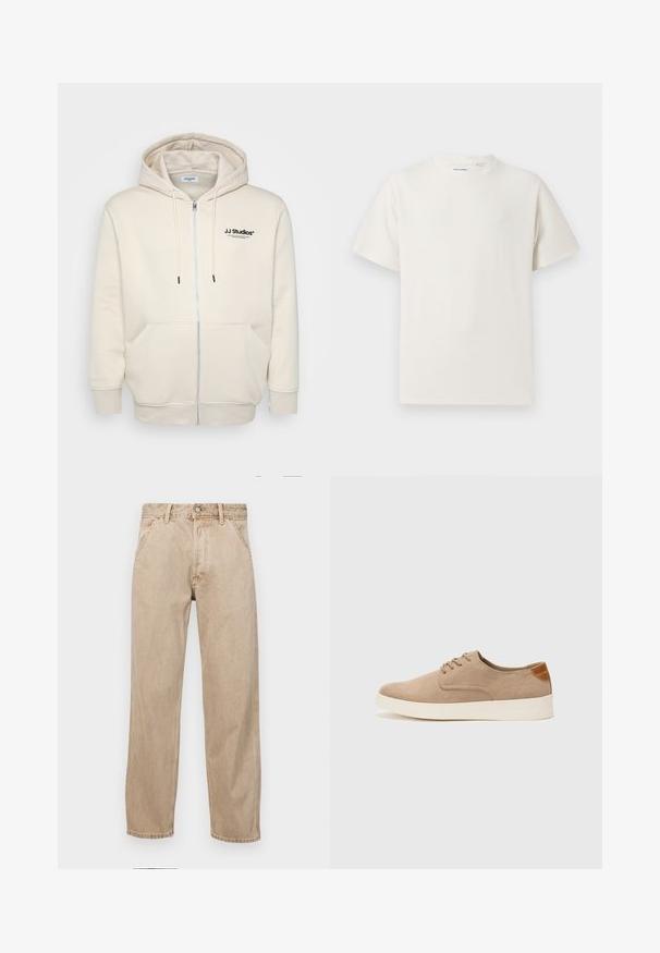 Cremefarbene Zip-Hoodie mit Zugbändern, Fronttaschen, gerippten Bündchen und schwarzem "JJ Studios"-Logo auf der Brust. Weicher Stoff. ; Weißes T-Shirt mit kurzen Ärmeln in gerippter Textur. Runder Ausschnitt, lockere Passform, keine sichtbaren Muster oder Akzente. Einfaches und vielseitiges Design.; Beige Denim-Jeans mit geradem Beinschnitt, ausgestattet mit Vordertaschen, einem Metallknopfverschluss und feiner Textur.; Beige Wildleder-Sneaker mit runder Zehenpartie, Schnürung und strukturiertem Rückenteil. Die weiße Gummisohle sorgt für einen Kontrast. Einfaches und modernes Design.