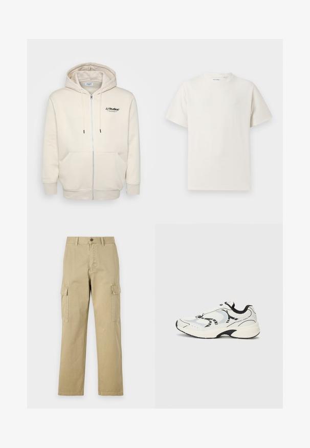 Hanorac crem cu fermoar, cu șnururi, buzunare frontale, mansete ribbate și logo-ul "JJ Studios" pe piept, de culoare neagră. Textură de fabrică moale.; Tricou alb cu maneci scurte, dintr-un material ribbed. Guler rotund, croi lejer, fără modele sau accente vizibile. Design simplu și versatil.; Pantaloni cargo bej din bumbac, cu două buzunare laterale, închidere cu nasture și picioare drepte dintr-un material ușor texturat.; Adidași albi cu accente negre, având un superior din plasă, talpă amortizată și elemente de design geometric. Logo-ul brandului pe lateral.