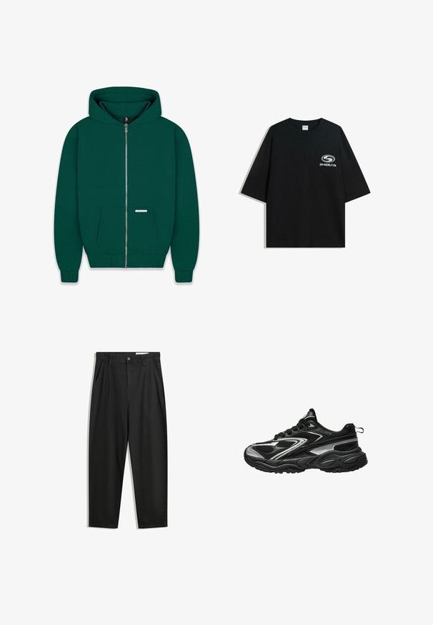 Donkergroene rits hoodie van zacht materiaal. Voorzien van een zak aan de voorkant, ribgebreide manchetten en zoom, en een gevoerde capuchon. Klein merkembleem zichtbaar.; Zwarte oversized katoenen t-shirt met een ronde halslijn en korte mouwen, met een witte "Shibuya" logo gedrukt op de voorkant.; Zwarte katoenen broeken met een losse pasvorm, voorzien van een klassieke tailleband, voorplooien en zijzakken. Gladde structuur zonder patronen.; Zwarte en zilveren sport sneaker met een gestructureerde mesh-bovenkant, slank ontwerp en gevoerde zool. Beschikt over veters en een trekhaak aan de achterkant.