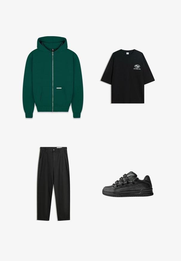 Dark green zip-up hoodie made of soft fabric. Features a front pocket, ribbed cuffs and hem, and a lined hood. Small branding label visible.; Black oversized cotton t-shirt featuring a round neckline and short sleeves, with a white "Shibuya" logo printed on the front.; Black cotton trousers with a relaxed fit, featuring a classic waistband, front pleats, and side pockets. Smooth texture without patterns.; Black sneakers with a smooth leather upper, textured accents, and round black and white laces. Thick rubber sole with a patterned tread.