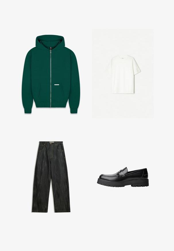 Musta vihreä vetoketjuhuppari, joka on valmistettu pehmeästä kankaasta. Varustettu etutaskulla, ribbaamalla viimeistellyillä hihoilla ja helmalla sekä vuorattulla hupulla. Pieni brändilogo näkyvissä.; Valkoinen lyhythihainen t-paita, joka on valmistettu pehmeästä puuvillasta. Pyöreä kaula-aukko ja rento istuvuus ilman näkyviä logoja tai kuvioita.; Tummansiniset farkut, joissa on löysä istuvuus, hienovarainen pystykudos, keltainen ommel, viisi taskua ja klassinen nappisulku.; Musta nahkainen loaferi, jossa on paksu urheilupohja ja koristeellinen hihna yläpääkkeellä, esitettynä vasemman sivuprofiilin kuvassa valkoista taustaa vasten.