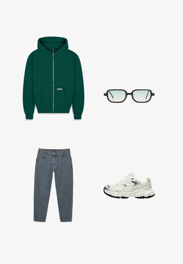 Sötétzöld zipzáras kapucnis pulóver, puha anyagból készült. Előrenyílású zseb, bordázott mandzsetták és szegély, valamint bélelt kapucni jellemzi. Kis márkajelzés látható.; Fekete pamut póló, amelynek hátulján egy nagy, fehér graffitis angyal design található, részletes szárnyakkal és csillag díszítésekkel.; Sötétkék farmernadrág, laza szabással, öt zsebbel, gombos záródással és enyhén rojtos szegéllyel. Tartós anyag, finom textúrával.; Fehér sneaker hálós felsőrésszel, ezüst kiegészítőkkel, fekete talppal és textúrázott panelek nélkül. Fűzhető kialakítással és kerek orral rendelkezik.; Fekete napszemüveg, nyolcszögletű kerettel és átmeneti kék lencsékkel. Vastag szárak, sima felülettel. Minimális dizájn, látható logók nélkül.