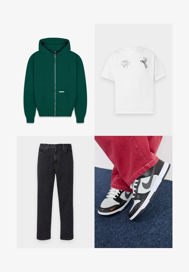 Felpa con zip di colore verde scuro realizzata in tessuto morbido. Presenta una tasca frontale, polsini e orlo a costine, e un cappuccio foderato. Etichetta con logo di piccole dimensioni visibile.; T-shirt in cotone bianco con stampa grafica nera di una figura alata e testo, con collo tondo e maniche corte.; Jeans neri a gamba dritta con tasche frontali, passanti per cintura e chiusura con bottone, esposti su uno sfondo bianco.; Nike Sportswear NIKE DUNK LOW UNISEX - Sneakers basse - black/med ash/light silver/bright mandarin/summit white/white
