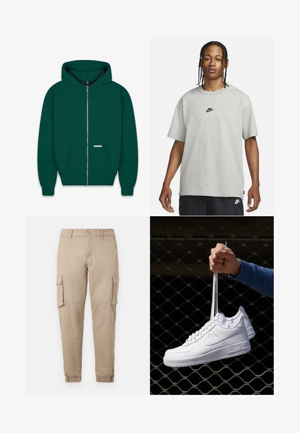 Haut à capuche zippé vert foncé en tissu doux. Comprend une poche avant, des poignets et un ourlet côtelés, ainsi qu'une capuche doublée. Petite étiquette de marque visible.; Jeune personne avec des cheveux tressés portant un t-shirt Nike gris clair et un short Nike noir sur un fond blanc uni.; Pantalons cargo beiges en coton léger. Comprend des poignets élastiques, plusieurs poches latérales et une fermeture à bouton.; Baskets en cuir blanc avec perforations, à bout rond, semelle plate et lacets épais, arborant un logo swoosh visible et "AIR" sur le talon.