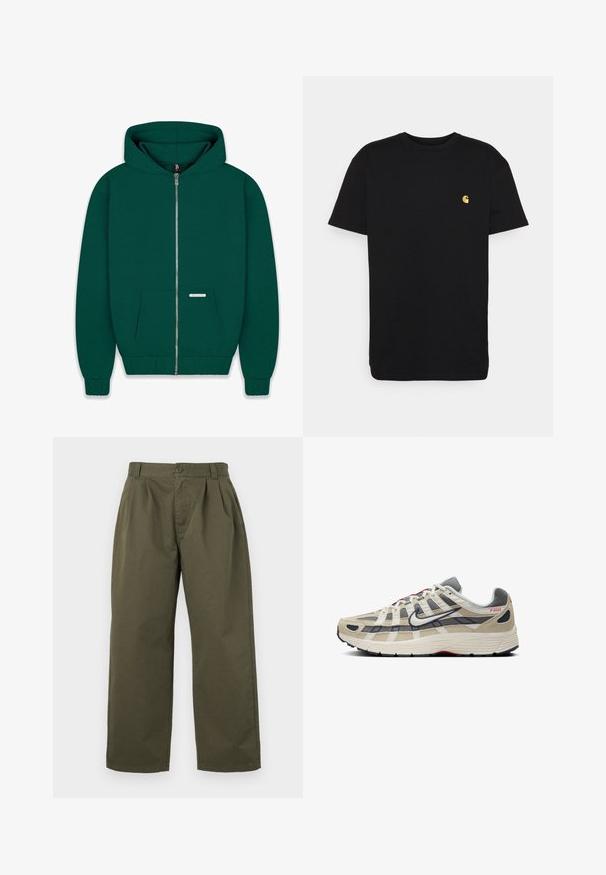 Tamsiai žalia zip-up džemperis, pagamintas iš minkštos medžiagos. Yra priekinis kišenė, raibota rankogalių ir apykaklės kraštai, bei pamušalu kapuce. Matoma mažas prekinis ženklas.; Juodas medvilnės marškinėliai trumpomis rankovėmis, apvaliu kaklu ir maža geltona logo kairėje krūtinės pusėje. Paprastas dizainas ir įprasta apimtis.; Alyvuogių žalios spalvos medvilninės kelnės, su tiesiu kirpimu, priekinėmis klostėmis ir mygtukiniu užsegimu juosmenyje. Matomų kišenių nėra.; Bežiniai bėgimo bateliai su pilku tinkleliu ir zomšos detalėmis, baltais akcentais, juodu padu, raudonais logotipais ir unikalia kryžminio dėvėjimo struktūra viršuje.