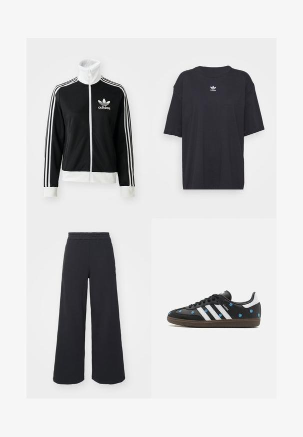 Giacca nera con zip e colletto alto, logo Adidas bianco e tre strisce bianche lungo le maniche, realizzata in tessuto liscio e traspirante.; T-shirt in cotone nero con maniche corte, scollatura rotonda, presenta un logo bianco Adidas sul petto. Design semplice, vestibilità rilassata.; Pantaloni felpati neri a gamba larga realizzati in tessuto morbido, con un elastico in vita e un piccolo logo sul lato sinistro.; Sneaker in pelle nera con strisce bianche e ricami floreali blu. Presenta una suola in gomma marrone e un design con punta arrotondata.