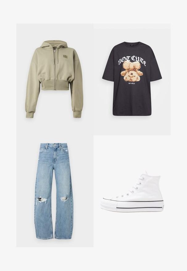 Κοντοκομμένο φούτερ με φερμουάρ σε ανοιχτό ελαιόριζα χρώμα, κατασκευασμένο από μαλακό ύφασμα. Έχει κουκούλα, μακριά μανίκια και μια μικρή ετικέτα λογότυπου στο στήθος.; Μαύρη oversized μπλούζα με γραφικό ενός αρκούδου και το κείμενο "ΟΧΙ ΓΛΥΚΊΣΤΙΚΗ ΑΛΛΆ ΑΓΡΙΑ" σε έντονη λευκή γραφή. Υφασμά από βαμβάκι.; Ανοιχτόμπλε, ψηλόμεσα τζιν φτιαγμένα από τζιν ύφασμα. Διαθέτουν φαρδιές καμπάνες, δύο σκισμένα γόνατα και κλασικό στιλ πέντε τσεπών.; Λευκό ψηλό καμβαδάκι αθλητικό παπούτσι με μαύρη καουτσούκ σόλα, πρόσθιο καουτσούκ καλύμματος δακτύλου και έξι οπές για κορδόνια, με μια καθαρή και μίνιμαλ σχεδίαση.