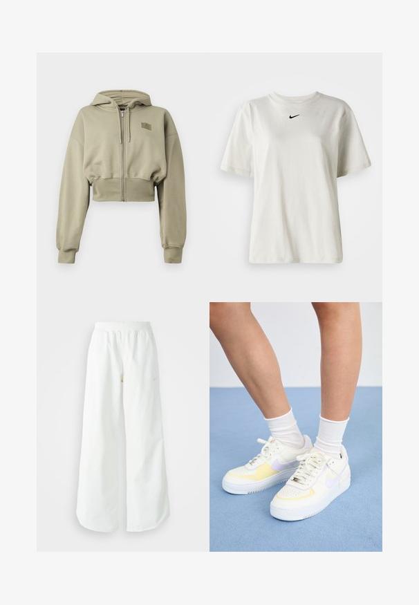 Kratká, zipsová mikina so kapucňou vo svetlo olivovej farbe, vyrobená z mäkkej tkaniny. Má kapucňu, dlhé rukávy a malú nášivku loga na hrudi.; Biely bavlnený tričko s okrúhlym výstrihom a krátkymi rukávmi. Na hrudi sa nachádza malé čierne logo Nike. Jednoduchý a nezdobený dizajn.; Biele široké športové nohavice s ribbovaným pásom a jemným logom. Hladká tkanina s uvoľneným strihom a zúženým lemom.; Biele kožené tenisky s žltými a levanduľovými akcentmi, okrúhle špičky, ploché šnúrky a textúrovaná gumová podrážka. Nosené s bielymi ponožkami.