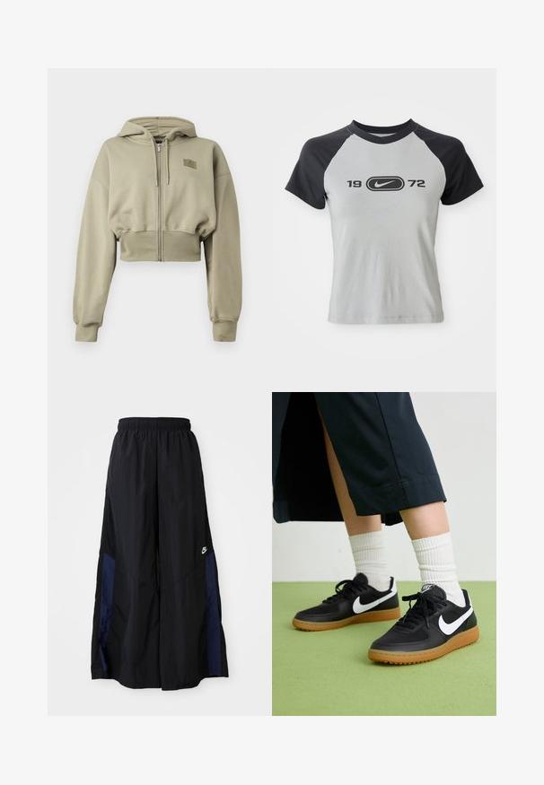 Cropped, zip-up hoodie in light olive green, made of soft fabric. Features a hood, long sleeves, and a small logo patch on the chest.; Grey and black short-sleeve t-shirt, featuring a round neckline, with a central logo and text "1972" in black on the front.; Black wide-leg pants made of lightweight fabric, featuring a navy blue side panel and an elastic waistband. Small white logo on bottom.; Black leather and synthetic sneakers with white Nike swoosh, rubber gum sole, round toe, and black laces. Ribbed white socks visible.
