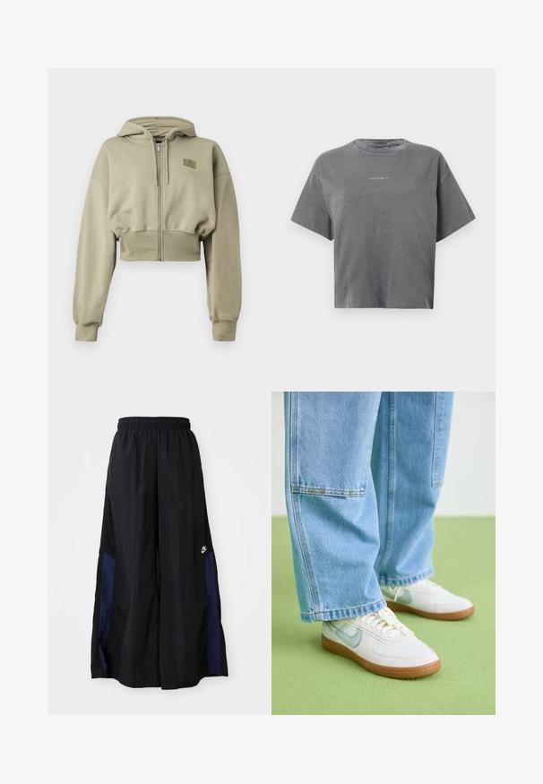 Zkrácená mikina s kapucí na zip v světle olivové barvě, vyrobená z měkké látky. Obsahuje kapuci, dlouhé rukávy a malou nášivku s logem na hrudi.; Šedé krátké tričko s krátkým rukávem, cropped střihu, kulatým výstřihem a malým bílým logem "carhartt" uprostřed vpředu.; Černé kalhoty širokého střihu vyrobené z lehkého materiálu, s námořnickou modrou bočním panelem a elastickým pasem. Malé bílé logo na spodní části.; Bílé tenisky s světle modrými akcenty, texturovaný síťový svršek a přírodní gumová podrážka, spárované s volnými světle modrými džíny.