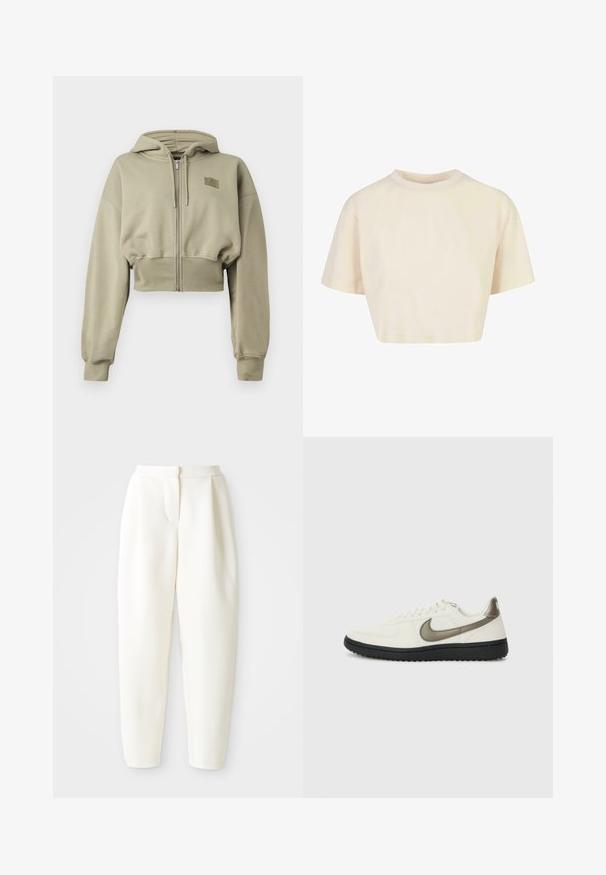 Zkrácená mikina s kapucí na zip v světle olivové barvě, vyrobená z měkké látky. Obsahuje kapuci, dlouhé rukávy a malou nášivku s logem na hrudi.; Zkrácené tričko vyrobené z jemné tkaniny, s krátkými rukávy, kulatým výstřihem a světlou béžovou barvou s hladkou strukturou.; Bílé kalhoty s vysokým pasem a zúženým střihem, se skrytým předním zapínáním a bočními kapsami, vystavené na čistém bílém pozadí.; Nike Sportswear FIELD GENERAL - Tenisky - off-white/black