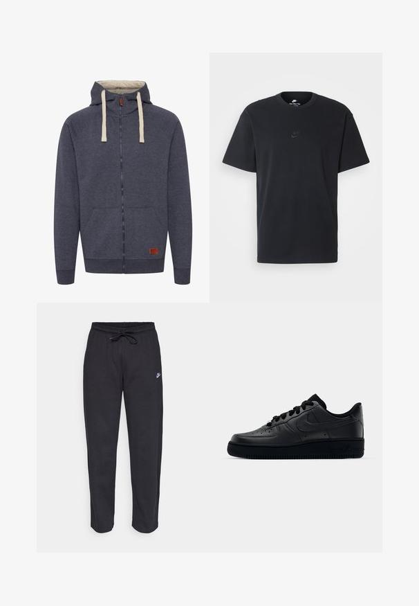 Hørtrøje til mænd med hætte og lynlås i mørkegrå fleece. Har cremede snore, forlommer og en lille brun læderlogo-patch.; Nike sort bomulds t-shirt med en klassisk rund hals, korte ærmer og et diskret, præget logo på brystet. Glat tekstur.; Sorte sweatpants lavet af blødt stof med elastisk talje, snøre og et lille Nike-logo på venstre lår.; Sort Nike Air Force 1 sneaker med en glat læderoverdel, perforeret tå for åndbarhed, sorte snørebånd og en textured gummisål.