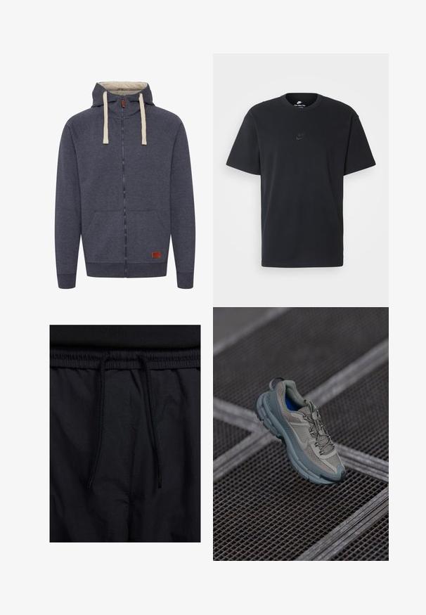 Men's hooded zip-up sweatshirt in dark gray fleece. Features cream drawstrings, front pockets, and a small brown leather logo patch.; Nike black cotton t-shirt with a classic crew neck, short sleeves, and a subtle, embossed logo on the chest. Smooth texture.; Black shorts featuring a drawstring waistband, lightweight fabric with a smooth texture, and a simple design without visible logos or patterns.; Beige and gray athletic shoe with textured mesh upper, rounded toe, and rubber sole, featuring laces and a padded collar.