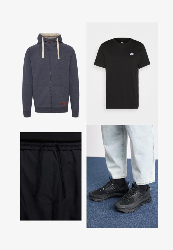 Felpa con cappuccio zip in pile grigio scuro da uomo. Caratterizzata da cordini color crema, tasche frontali e un piccolo logo in pelle marrone.; T-shirt in cotone nero con maniche corte, colletto rotondo e un piccolo logo Nike bianco sull'upper sinistra del petto. Texture liscia. Taglio classico.; Shorts neri con vita regolabile tramite coulisse, tessuto leggero con una texture liscia e un design semplice senza loghi o motivi visibili.; Scarpe sportive nere con tessuto testurizzato e suole in gomma, dotate di lacci elastici e un accento blu sul tallone. Indossate con pantaloni in denim chiaro.