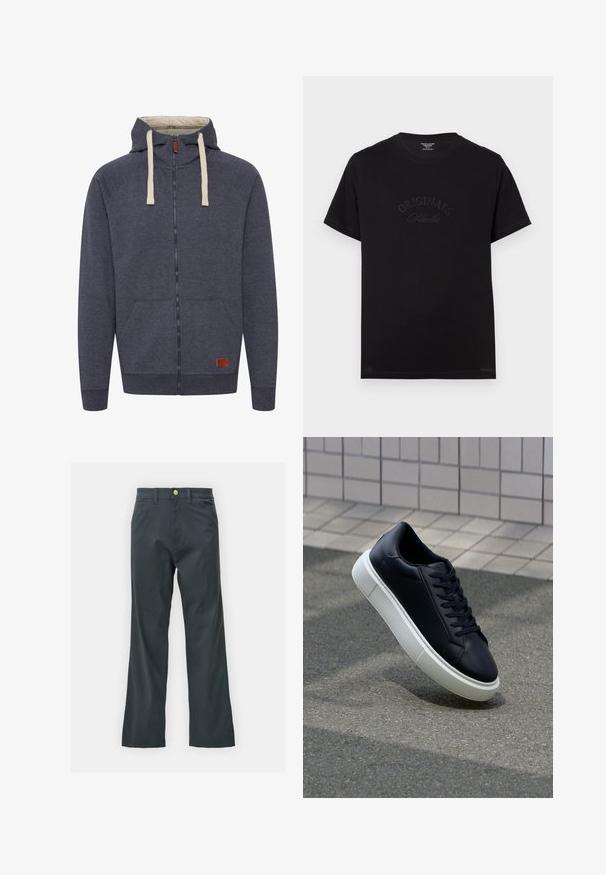 Felpa con cappuccio zip in pile grigio scuro da uomo. Caratterizzata da cordini color crema, tasche frontali e un piccolo logo in pelle marrone.; T-shirt in cotone nero con maniche corte e scollatura rotonda. Presenta la scritta "ORIGINALS Studio" in rilievo con lettering tonale sul davanti.; Pantaloni neri con taglio dritto, realizzati in tessuto misto cotone. Presentano una chiusura con bottone metallico e tasche laterali. Nessun motivo visibile.; Sneaker in pelle nera con punta arrotondata e suola in gomma bianca. Presenta lacci piatti e cuciture minime sulla parte superiore. Suola testurizzata per una migliore aderenza.