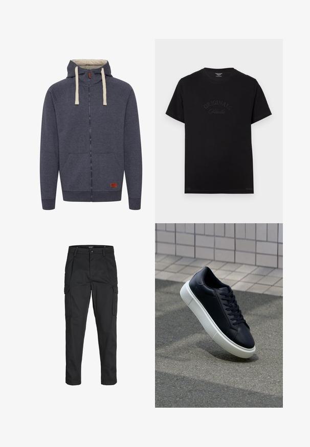 Felpa con cappuccio zip in pile grigio scuro da uomo. Caratterizzata da cordini color crema, tasche frontali e un piccolo logo in pelle marrone.; T-shirt in cotone nero con maniche corte e scollatura rotonda. Presenta la scritta "ORIGINALS Studio" in rilievo con lettering tonale sul davanti.; Pantaloni cargo neri realizzati in un tessuto resistente, dotati di molteplici tasche, chiusura con bottone e un design aderente con gambe affusolate.; Sneaker in pelle nera con punta arrotondata e suola in gomma bianca. Presenta lacci piatti e cuciture minime sulla parte superiore. Suola testurizzata per una migliore aderenza.