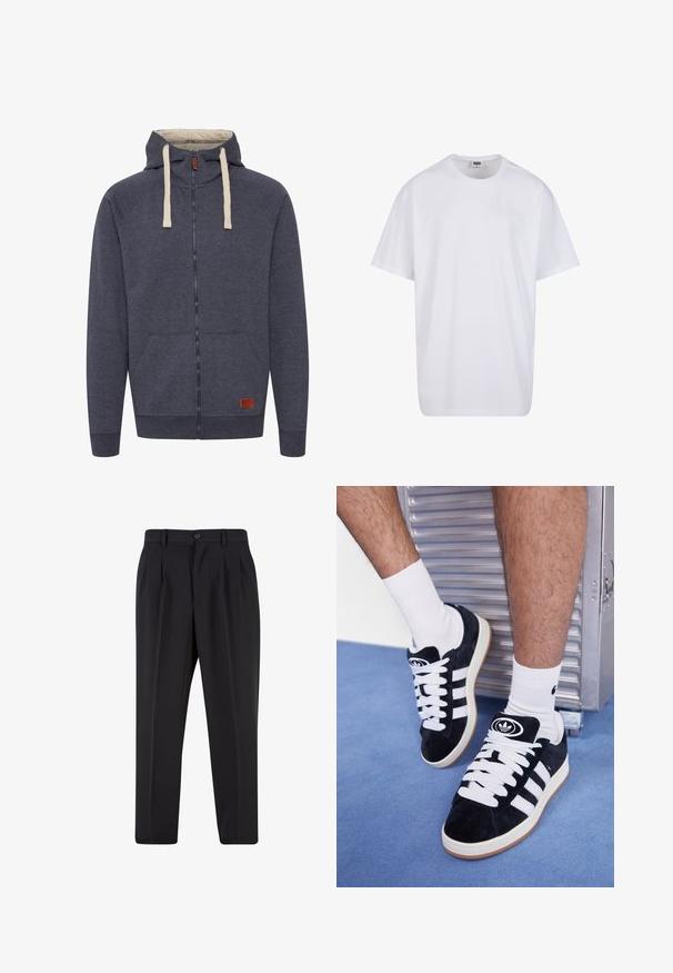 Men's hooded zip-up sweatshirt in dark gray fleece. Features cream drawstrings, front pockets, and a small brown leather logo patch.; White cotton t-shirt with short sleeves, rounded neckline, relaxed fit, and no visible logos or patterns. Smooth texture and minimal design.; Black trousers with a pleated front design, made from smooth fabric. Features a button closure and belt loops; straight-leg fit.; Black suede sneakers with white laces and three white stripes. Features a circular black logo on the tongue and a gum rubber sole.