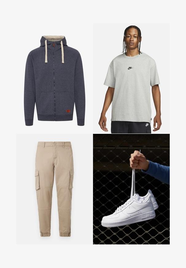 Felpa con cappuccio zip in pile grigio scuro da uomo. Caratterizzata da cordini color crema, tasche frontali e un piccolo logo in pelle marrone.; Giovane con capelli intrecciati che indossa una maglietta Nike grigia chiara e pantaloni Nike neri su uno sfondo bianco semplice.; Pantaloni cargo beige in un leggero cotone. Presentano polsini elasticizzati, molteplici tasche laterali e una chiusura con bottone.; Sneakers in pelle bianca con perforazioni, punta rotonda, suola piatta e lacci spessi, con logo swoosh visibile e "AIR" sul tallone.