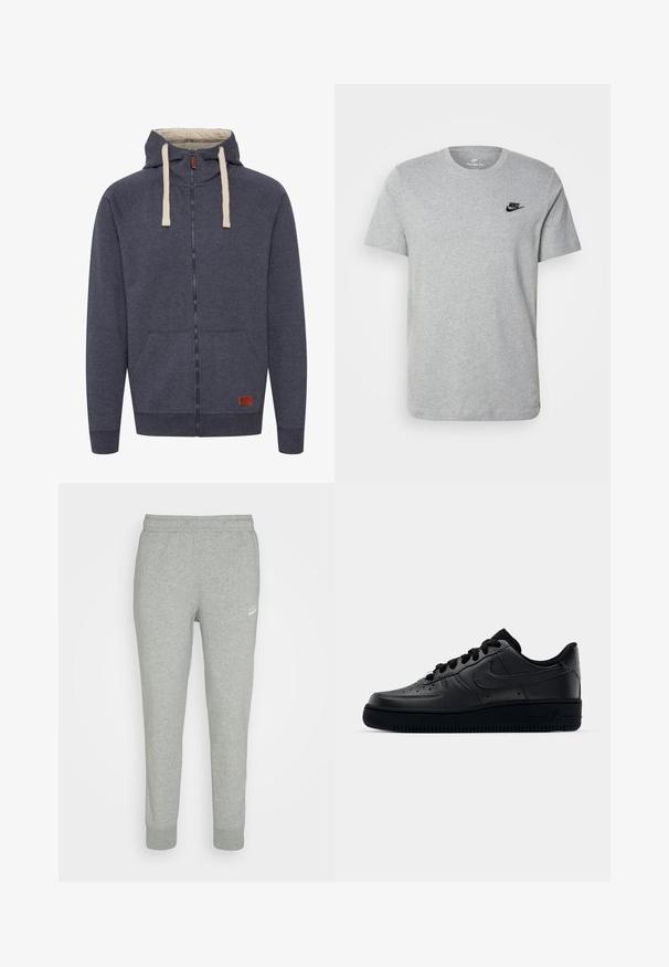 Férfi kapucnis zipzáras pulóver sötétszürke bolyhos anyagból. Krém színű zsinórok, elülső zsebek és egy kis barna bőrmárka található rajta.; Szürke, rövid ujjú póló, pamutból készült, fekete Nike logóval a mellkason és kerek nyakkivágással. Minimalista dizájn, minta nélkül.; Szürke, puha anyagú melegítőnadrág, szűkülő lábdesignnal, rugalmas derékpánttal és kis fehér Nike logóval a bal combján.; Fekete Nike Air Force 1 sneaker sima bőr felsőrészével, perforált orrával a légáteresztés érdekében, fekete cipőfűzőkkel és textúrált gumitalppal.