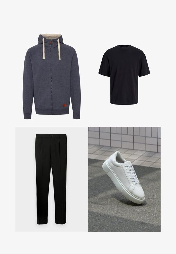 Hørtrøje til mænd med hætte og lynlås i mørkegrå fleece. Har cremede snore, forlommer og en lille brun læderlogo-patch.; Sort bomulds t-shirt med rund hals, korte ærmer og en afslappet pasform. Glat tekstur uden synlige mønstre eller accenter.; Sorte skræddersyede bukser med flad forkant, to læg, knaplukning, sidelommer og lige ben. Fremstillet af et glat stof.; Hvide lædersneakers med en glat overflade, rund tå og flade hvide snørebånd. Har en tekstureret gummisål og minimalt design.