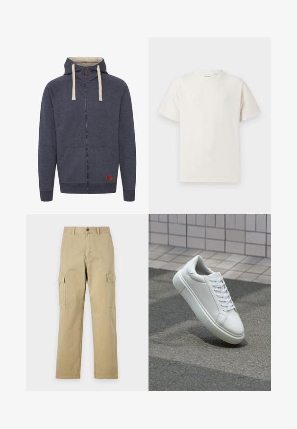 Vyrų gobtuvu su užtrauktuku megztinis tamsiai pilkos spalvos pūkinis audinys. Yra kreminės spalvos raišteliai, priekinės kišenės ir mažas rudas odinis logotipo ženklelis.; Balta trumpa rankovė T-polo marškinėlių su juostelėmis tekstūra. Apvalus iškirpimas, laisvas fasonas, jokių matomų raštų ar akcentų. Paprastas ir universalus dizainas.; Kreminės spalvos cargos kelnės, pagamintos iš medvilnės, su dviem šoninėmis kišenėmis, mygtukų užsegimu ir tiesiomis kojomis, šiek tiek tekstūruotu audiniu.; Balti odiniai sportbačiai su lygiu paviršiumi, apvalia nosimi ir plokščiomis baltomis raištelėmis. Yra tekstūruotas gumos padas ir minimalizmas dizaino elementuose.