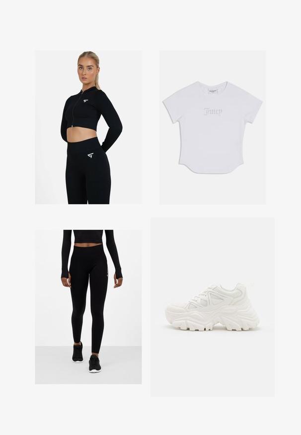Zwart geribbeld sportoutfit bestaande uit een cropped zip-up top en hoge taille leggings, beide met witte logo-accenten. Zachte textuur.; Witte T-shirt met korte mouwen en een afgeronde zoom, met "Juicy" in kristallen versieringen op de voorkant. Zacht katoenmateriaal.; Zwarte leggings met een hoge tailleband, gestructureerde stof en een strakke pasvorm, gecombineerd met zwarte sportschoenen. Bovenste helft deels bedekt met een crop top.; Witte chunky sneakers met een textuur bovenwerk, meshpanelen en dikke rubberen zolen met een uitgesproken profiel. Inclusief veters en een aantreklip.