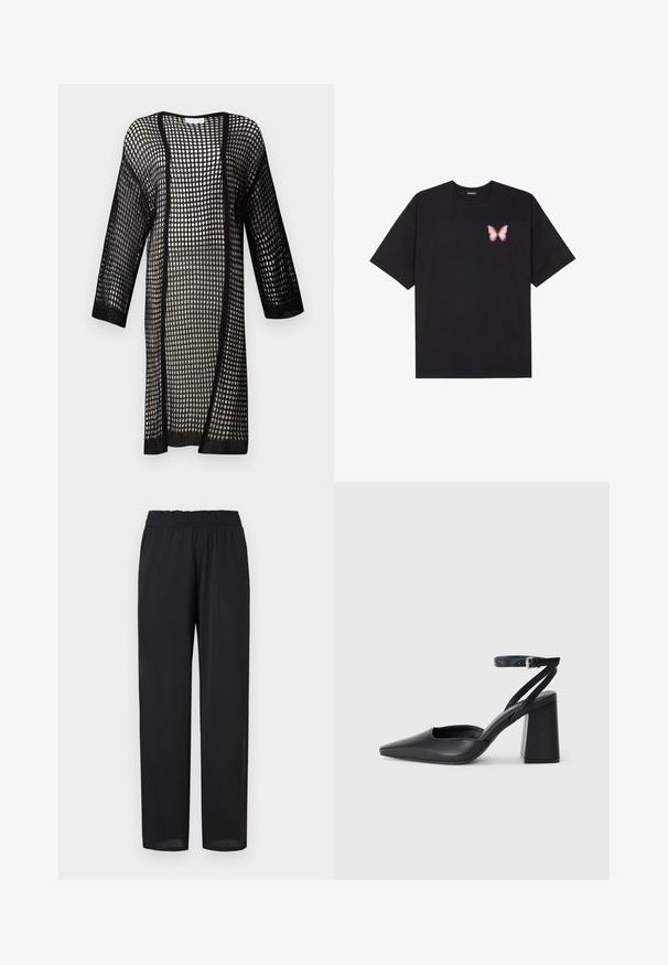 Juodas megztas kardiganas su atviru tinklo dizainu. Turi ilgas rankoves, tiesią siluetą ir kontrastingą apdailą aplink kraštus.; Juodas medvilnės marškinėliai trumpomis rankovėmis, su maža rožine drugelio grafika kairėje krūtinės pusėje. Apvalus kaklo iškirpimas, laisvas kirpimas.; Juodos, lengvos kelnės su laisvu siluetu, turinčios elastinę juosmenį ir lygią tekstūrą. Tiesios kojinės šiek tiek siaurėja ties apatine dalimi.; Juoda odinė smailiagalė aukštakulnio bateliai su kulkšnies dirželiu ir storu kulnu. Lygus paviršius, elegantiškas dizainas ir minimalistiška estetinė.