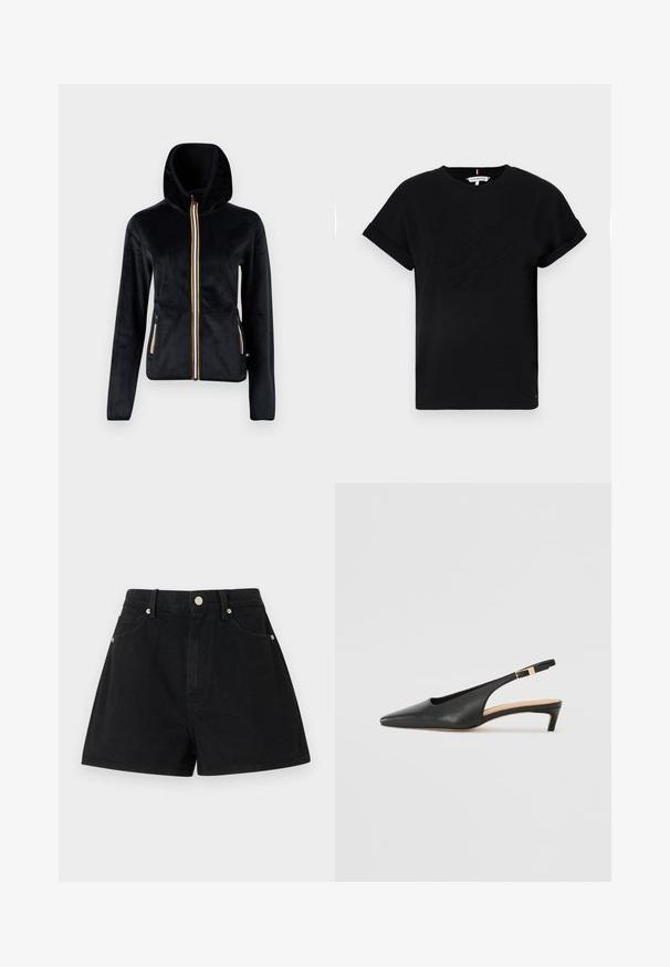 K-Way DOUBLE - Felpa con zip - black; T-shirt nera in cotone con maniche corte arrotolate, caratterizzata da un logo in rilievo al centro e un piccolo dettaglio a bandiera sul lato.; Shorts in denim nero con vita alta, cinque tasche, accessori in metallo argentato e vestibilità standard, caratterizzati da una texture liscia e rifiniture pulite.; Sandal in pelle nera con tacco a punta, tacco basso e cinturino alla caviglia regolabile con fibbia in tono oro. Texture liscia.