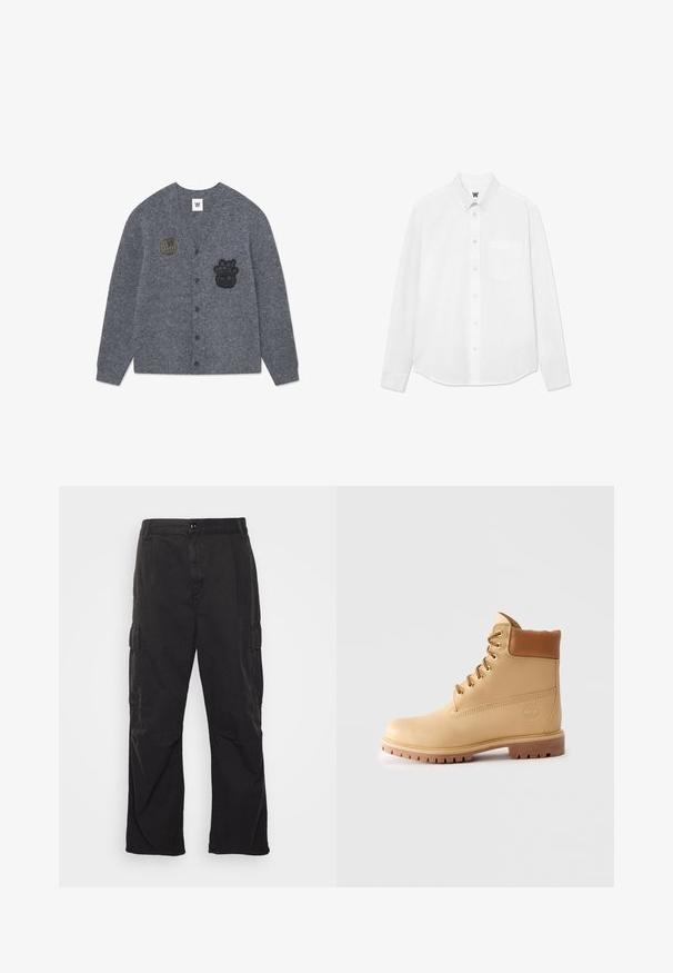 Siv kardigan iz mehkega blaga, z črnimi vezenimi aplikacijami: globusom in likom, z gumbnim zapiranjem spredaj.; Bela srajca z dolgimi rokavi in gumbi, s ovratnikom in sprednjim žepom, z rahlo teksturo. Sprednji del srajce ima gumbe in majhen detajl z logotipom.; Črne cargo hlače s ravnim krojem, ki vključujejo dve stranski žepu, gumbasto zapiranje in teksturirano blago.; Svetlo rjavi usnjeni gležnjarji s podloženim ovratnikom, zlatimi očesci, svetlo rjavimi vezalkami in debelim zračnim podplatom na svetli enobarvni podlagi.