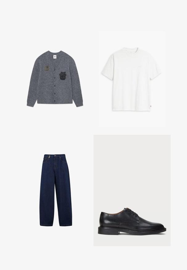Pilkas megztinis, pagamintas iš minkštos medžiagos, su juodais siuvinėtų pleistrų akcentais: pasauliu ir personažu, su mygtukų uždarymu priekyje.; Balta medvilninė marškinė su trumpomis rankovėmis, apvaliu kaklu ir subtiliu Levi's logotipu viduryje. Minkšta tekstūra ir standartinė išvaizda.; Atsipalaidavusio kirpimo tamsiai mėlyni džinsai su didele juosmens linija, priekinėmis kišenėmis ir tiesiais kojų kirpimais. Papildyta sidabrinės spalvos detalėmis ir minimaliai siūlėmis.; Juodas odinis suknių batelis su apvalia nosimi, raišteliais ir žemu, sukrautu kulnu. Lygus paviršius su minimaliais siuvinėjimo detalėmis.