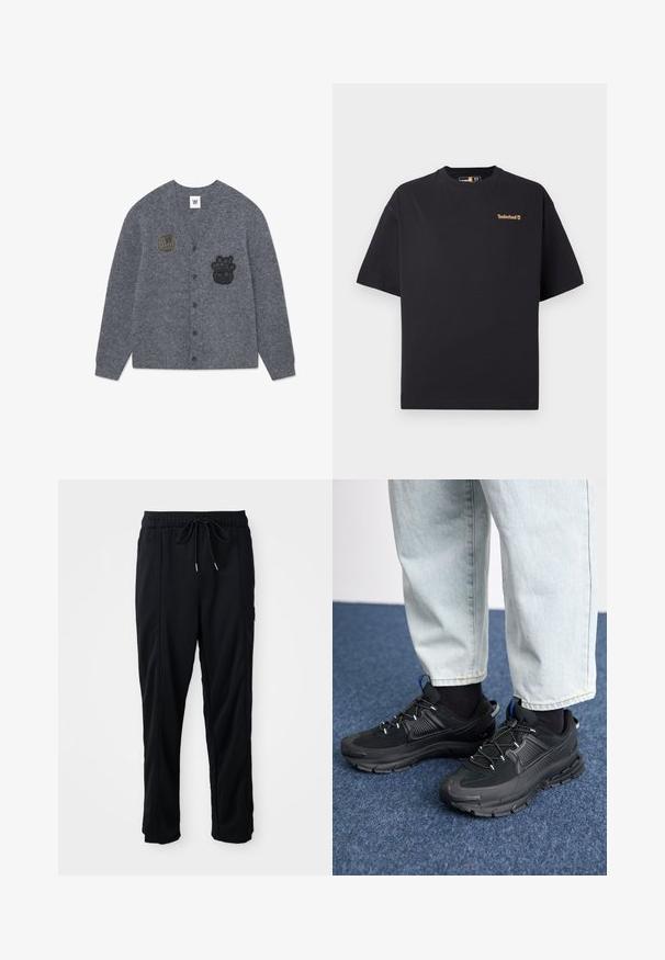 Hallhalli, mis on valmistatud pehmest kangast, mustade broderi-plekkidega: maapind ja tegelane, nööpidega avatud esiosa.; Must helevarviga must Timberlandi T-särk lühikeste varrukatega ja ümar kaelus, mille ülemises vasakus rinnas on väike beež logo, esitatud valgel taustal.; Mustad nööridega vööga igapäevased mustad püksid, külgseamipocketid ja sirge sääre lõikega, ühtlasel taustal.; Mustad mustad jooksukingad, millel on tekstureeritud kangas ja kummist tallad, elastsed nöörid ning sinine aksent kandadel. Kandmine heledate teksadega.