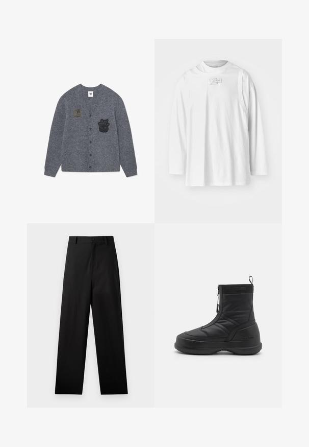 Cardigan grigio realizzato in morbido tessuto, con toppe ricamate nere: un globo e un personaggio, con chiusura a bottoni.; Feng Chen Wang DECONSTRUCTION UNISEX - Maglietta a manica lunga - white; Pantaloni neri in cotone con design a gamba dritta, dotati di chiusura frontale con bottone e tasche laterali. Texture liscia, senza motivi.; Stivale da neve impermeabile nero con tomaia sintetica liscia, chiusura con zip, collo imbottito e suola in gomma testurizzata. Contrassegnato dal marchio "MOON BOOT".