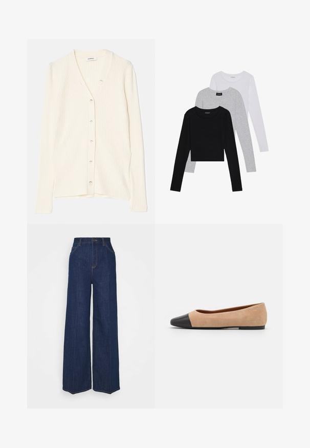Cream ribbed cardigan with a v-neck, front buttons, and long sleeves. The fabric has a soft texture and a fitted shape.; Three long-sleeve tops stacked: black, grey, and white. Each has a round neckline and a cropped design with smooth, lightweight fabric.; High-waist wide-leg dark blue denim jeans with front and back pockets, button closure, and visible stitching details.; Beige suede ballet flat with a black leather rounded toe cap, low heel, and smooth texture, featuring minimal stitching and a clean design.