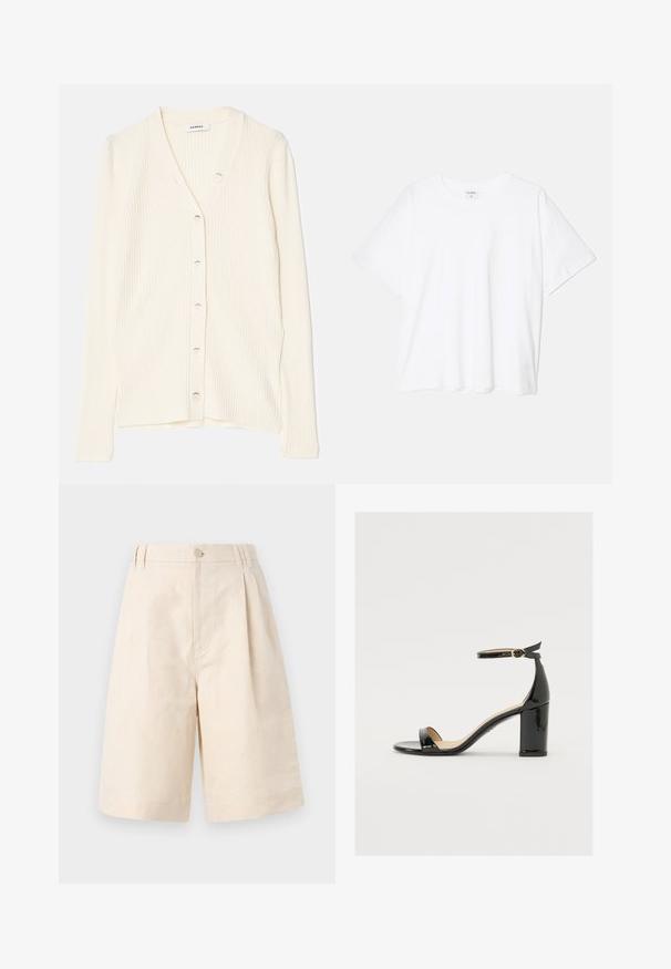 Kermankuvioinen neuletakki, jossa on V-pääntie, nappikiinnitys edessä ja pitkät hihat. Kangas on pehmeä ja hyvin muotoiltu.; Valkoinen puuvillapaita lyhyillä hihoilla, pyöreällä pääntiellä, rentoa tyyliä ja ommeltu helma. Tunniste näkyvissä sisäkauluksessa.; Beige lakanashortsit rentossa istuvuudessa, joissa on nappikiinnitys, laskostettu muotoilu ja polvipituus. Suora tekstuuri ja yksinkertainen tyyli.; Mustat patenttinahtiset sandaalit, joissa on leveä korko, avoin varvas ja nilkkahihna, jossa on kultainen solki. Suora pinta ja tyylikäs muotoilu.