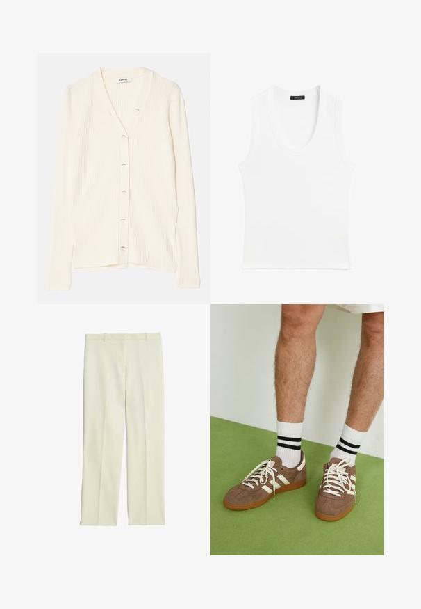 Cardigan a coste crema con scollatura a V, bottoni frontali e maniche lunghe. Il tessuto ha una texture morbida e una silhouette aderente.; Canotta bianca senza maniche con scollatura rotonda, realizzata in materiale a coste; design semplice senza motivi o decorazioni.; Pantaloni su misura color crema con un design a gamba dritta, dotati di una parte frontale piatta, passanti per cintura e una superficie liscia.; Sneaker in suede marrone con dettagli e lacci bianchi. Suola in gomma color gomma. Indossati con calzini bianchi con righe nere. Pavimento verde texturizzato.