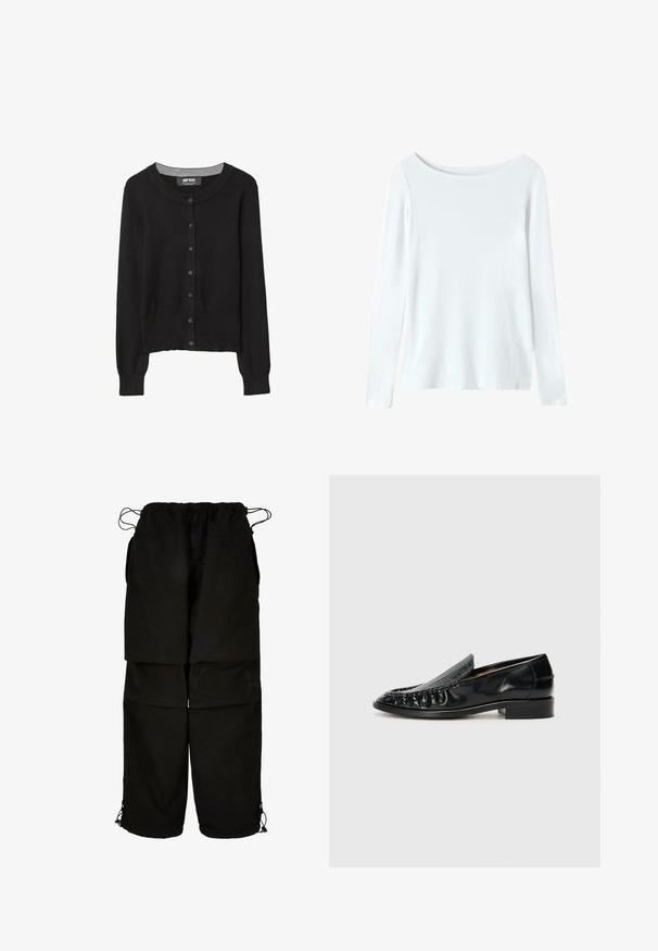 Černý pletený cardigan s kulatým výstřihem, zapínáním na knoflíky vpředu, dlouhými rukávy a texturovanou látkou. Šedý vnitřní límec jako akcent.; Bílá košile s dlouhým rukávem, kulatým výstřihem a jemně hladkým povrchem. Jednoduchý design, bez vzorů nebo akcentů. Standardní střih.; Černé kalhoty vyrobené z lehkého materiálu, s nastavitelným pasem a šňůrkovými lemy. Navrženy v volném, oversized střihu a s několika kapsami.; Billi Bi Mokasíny - black