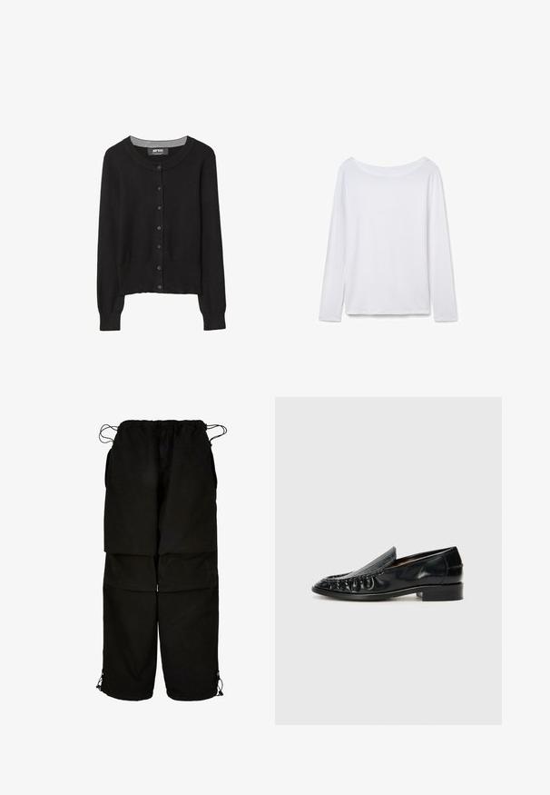 Schwarzer Strickcardigan mit Rundhalsausschnitt, vorderem Knopfverschluss, langen Ärmeln und strukturiertem Stoff. Grauer innerer Kragenakzent.; Langärmliges weißes Hemd mit weitem Ausschnitt, aus weichem Stoff. Sanfte Textur, gerader Saum und keine sichtbaren Beschläge oder Muster.; Schwarze Hose aus leichtem Material, mit verstellbarem Bund und Kordelzug am Saum. Entworfen mit einer lockeren, oversized Passform und mehreren Taschen.; Billi Bi Mokassin - black