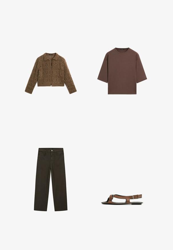 Brun hæklede cardigan med firkantede blomster mønstre, frontknaplukning og krave. Designet inkluderer udskårne detaljer på ærmerne.; Brun cropped t-shirt med rund halsudskæring, korte ærmer og en blød tekstur. Designet med en afslappet pasform og minimal detaljering.; Mørkegrønne brede jeans lavet af en bomuldsblanding, med en frontlukning med knap, fem lommer og klassisk denim-syning.; Brune lædersandal med åben tå og udskæringer på siden. Har en ankelrem med en metalspænde og en flad sål.