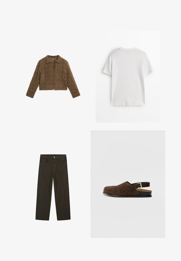 Brauner Häkelcardigan mit quadratischen Blumenmustern, vorderem Knopfverschluss und Kragen. Das Design beinhaltet Aussparungen an den Ärmeln.; Weißes Baumwoll-T-Shirt mit kurzen Ärmeln, rundem Ausschnitt und glatter Textur. Die Rückseite ist einfarbig ohne zusätzliche Muster oder Designs.; Dunkelgrüne Jeans im weit geschnittenen Style, hergestellt aus einem Baumwollgemisch. Sie verfügen über einen Frontknopfverschluss, fünf Taschen und klassische Denim-Nähte.; Braune Wildleder-Ballenrutscher mit niedrigem Absatz, verstellbarem Riemen mit silberner Schnalle und schwarzer Gummisohle.
