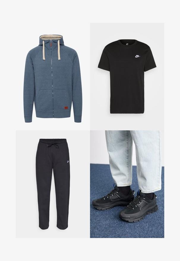 Lynlås hættetrøje i mørkeblå, lavet af blødt stof, med beige snore, frontlommer og et lille brunt logo-patch.; Sort bomuld T-shirt med korte ærmer, rund hals og et lille hvidt Nike-logo på den øverste venstre bryst. Glat tekstur. Klassisk pasform.; Sorte sweatpants lavet af blødt stof med elastisk talje, snøre og et lille Nike-logo på venstre lår.; Sorte træningssko med tekstureret stof og gummisåler, udstyret med elastiske snørebånd og en blå detalje på hælen. Bæres med lyse denimbukser.