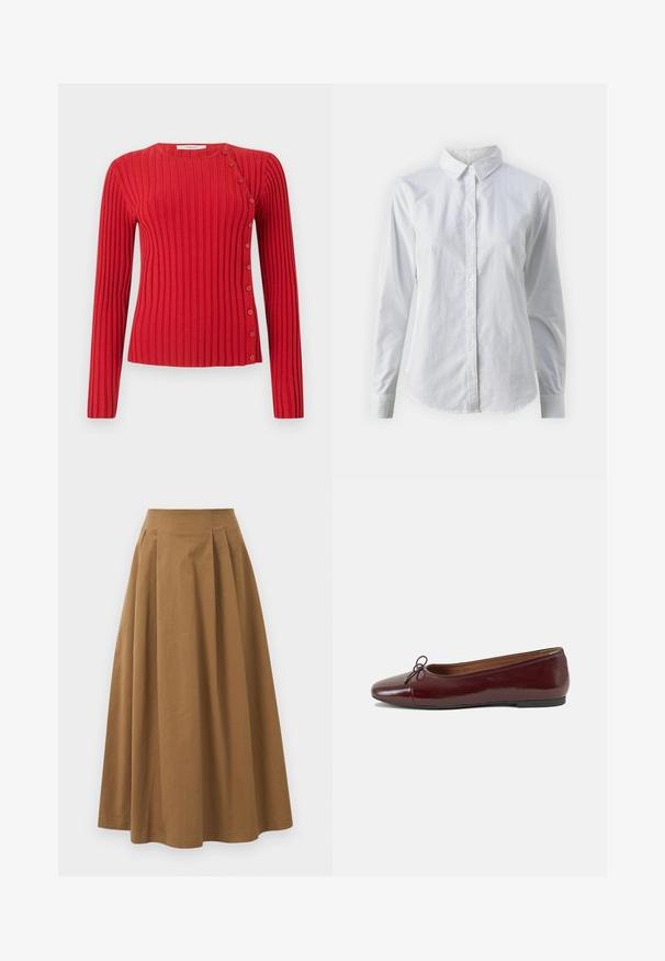 Piros, bordázott, hosszú ujjú pulóver, átlós gombdíszítéssel a válltól a hemig, világos háttéren.; Fehér, sima pamutből készült gombos ing, klasszikus gallérral, hosszú ujjakkal és ívelt hemvéggel. A gombok kicsik és fehérek.; Barna pamut A-vonalú szoknya magas derékkal, elöl pliszézett és sima textúrával. Az alsó szegélyek letisztultak és egyszerűek.; Burgundi lakkbőr balettcipő kerek orral, elöl kis masni díszítéssel és alacsony, fekete gumi talppal. Simára csiszolt felület.