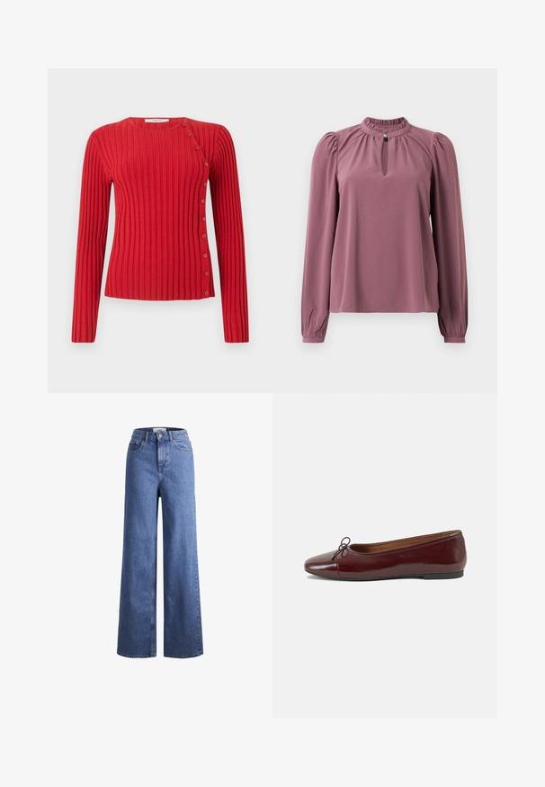 Červený žebrovaný svetr s dlouhým rukávem a diagonálním detailem knoflíků od ramene k lemu na jednobarevném světlém pozadí.; Halenka s dlouhým rukávem v barvě mauve, s nařaseným límcem, výstřihem ve tvaru klíče se zapínáním na knoflík a mírně našitými rameny.; Svetle modré denimové široké kalhoty s vysokým pasem, dvěma předními kapsami a viditelným švem. Obsahují knoflíkový a zipový uzávěr.; Burgundské lakové baleríny s kulatou špičkou, malou mašlí vpředu a nízkou černou gumovou podrážkou. Hladký povrch.